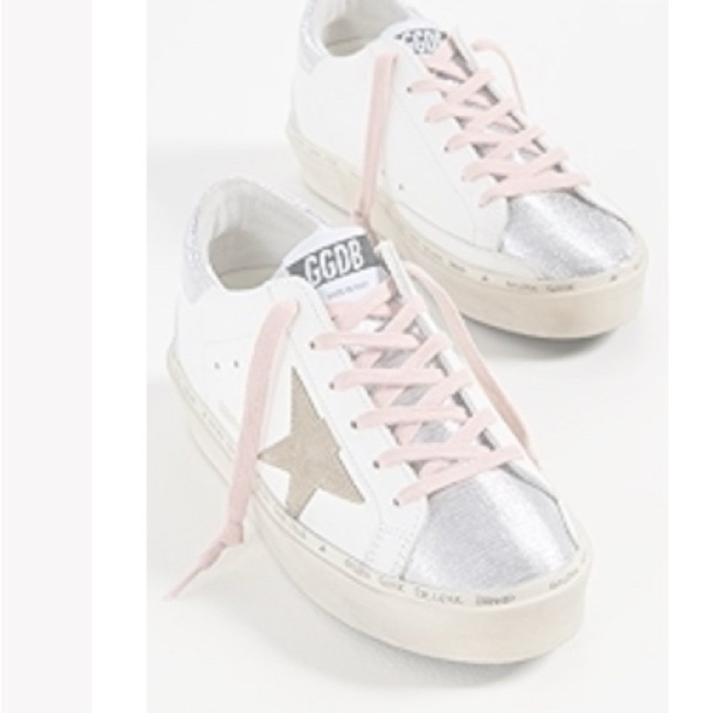 Golden Goose White and Metallic Sneakers with Pink Laces